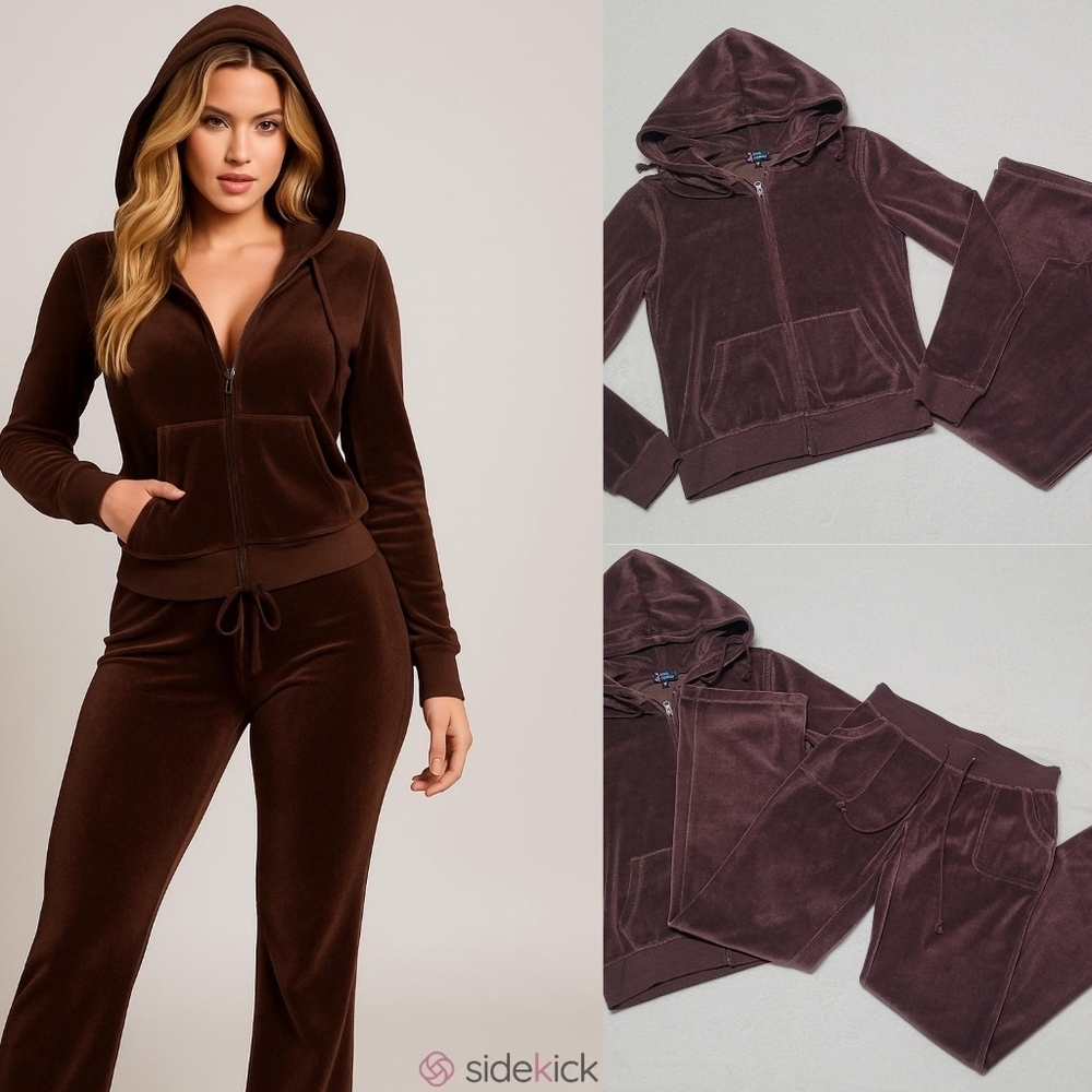 Anna Fashion Y2K Vintage Brown Velour Hoodie Flare Low Rise Track Pant Tracksuit